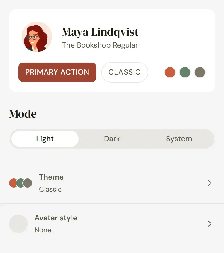 Appearance settings with a preview, the light, dark or system mode, and the theme