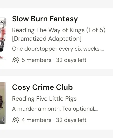 The book clubs list with two clubs, their genres, current book and members