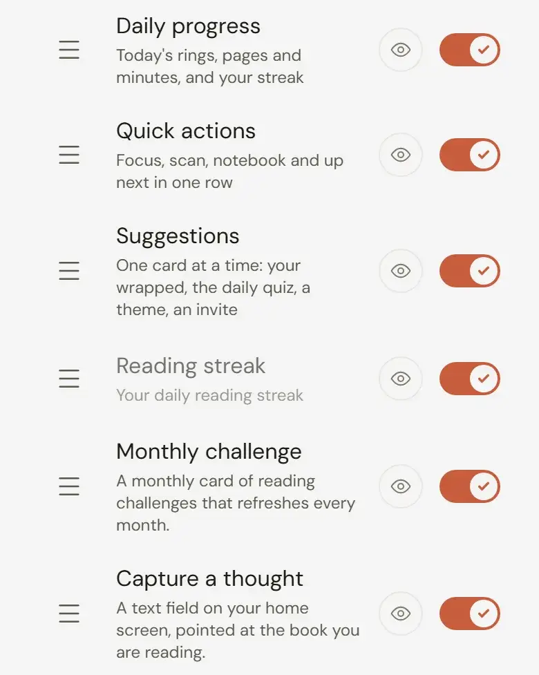 The Home layout editor: each section in a list with a handle to drag it and a switch to hide it