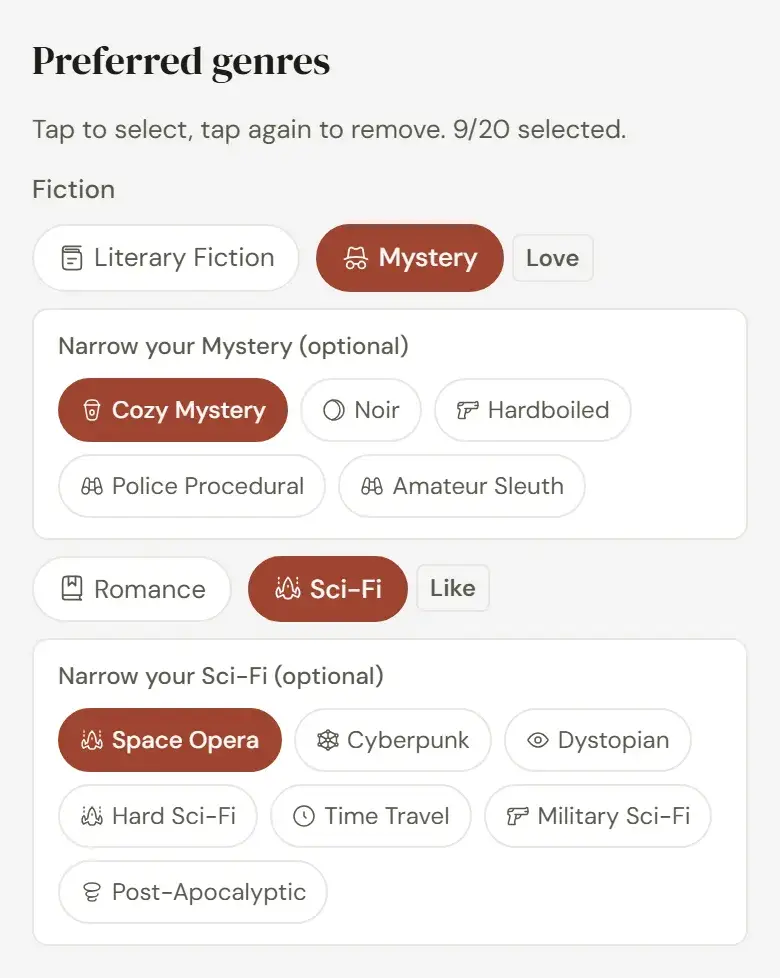 The Reading DNA genre picker, with Mystery and Sci-Fi chosen and narrower picks under each