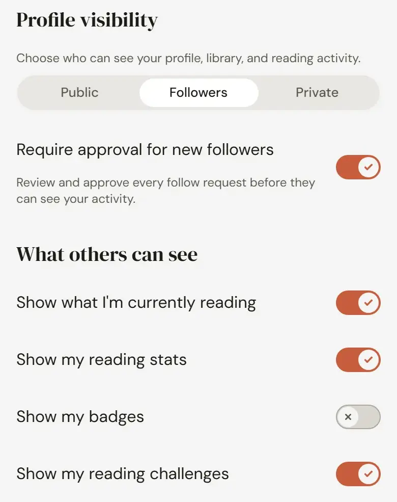 Privacy settings: who can see the profile, follow approval, and switches for what others see