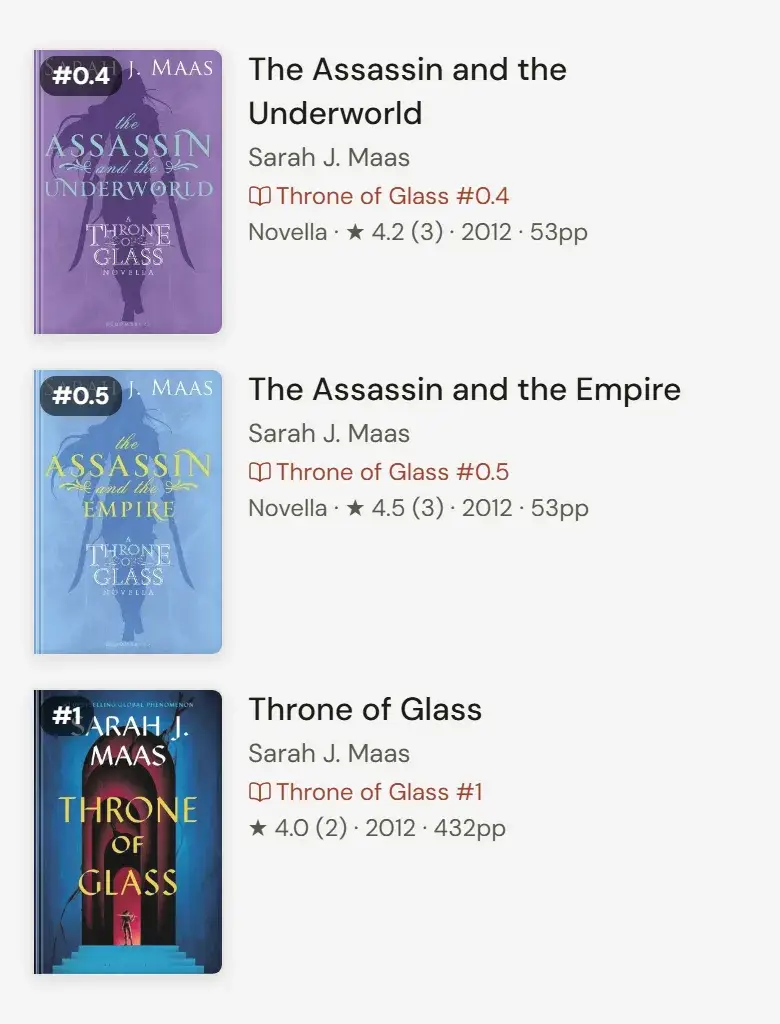 Throne of Glass series page listing the novellas at 0.4 and 0.5, followed by book 1