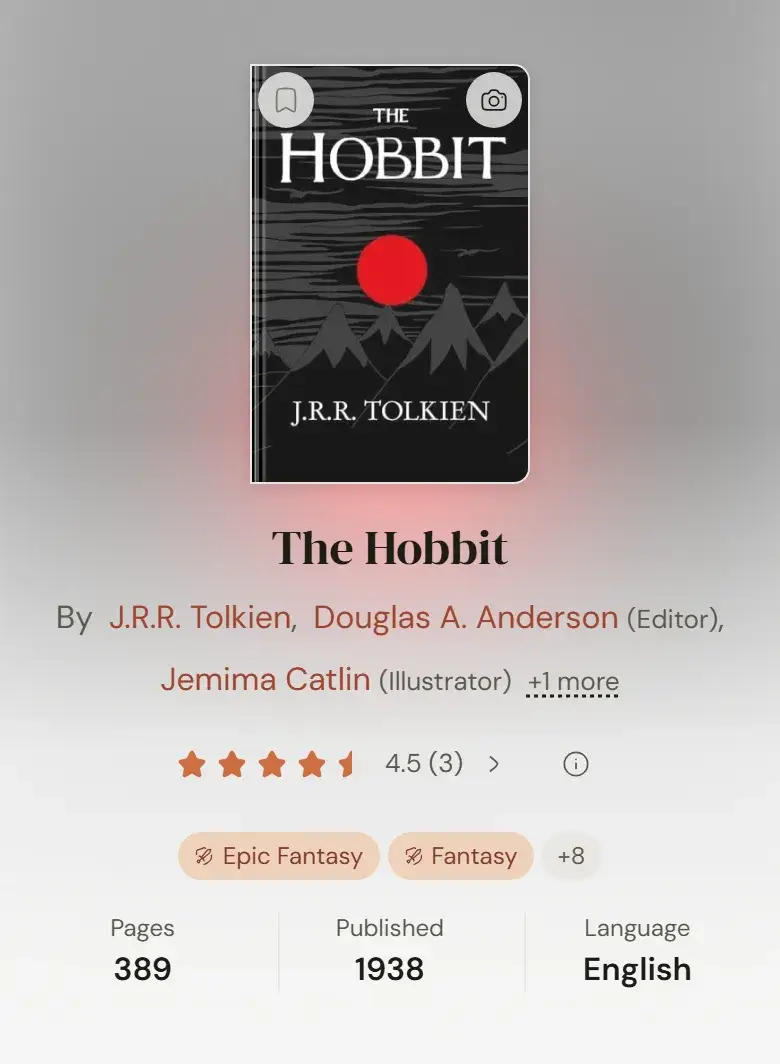 The Hobbit's book page: cover, credits, rating, genres, pages, year and language