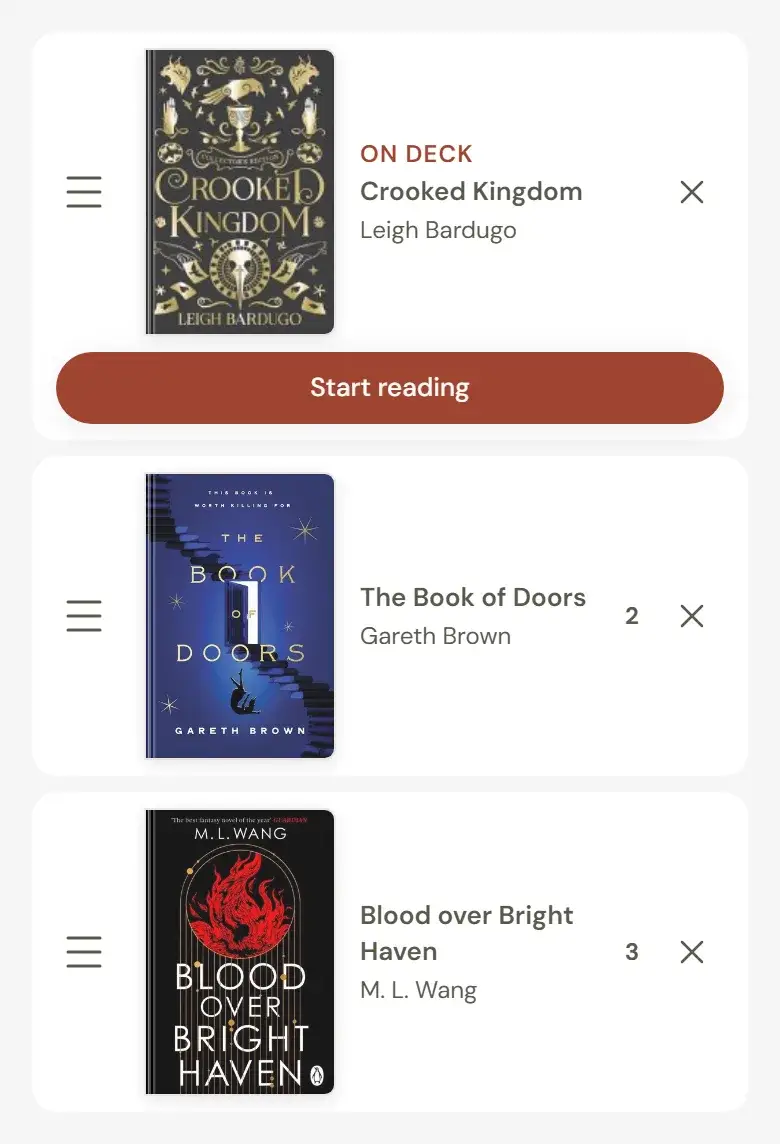 The Up next queue with three books in order and a Start reading button on the first