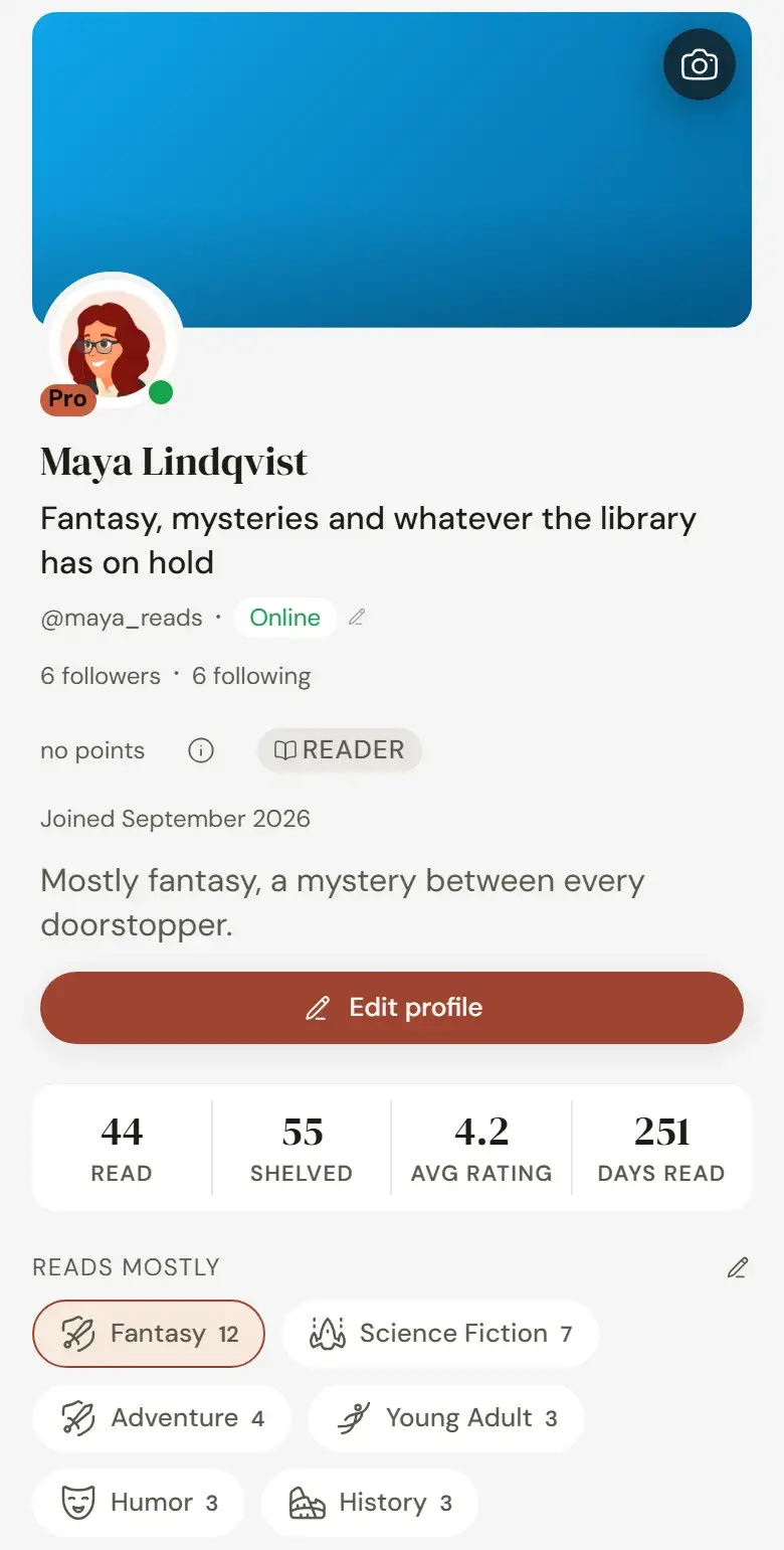 A public profile with its header, bio, reading totals and the genres read most