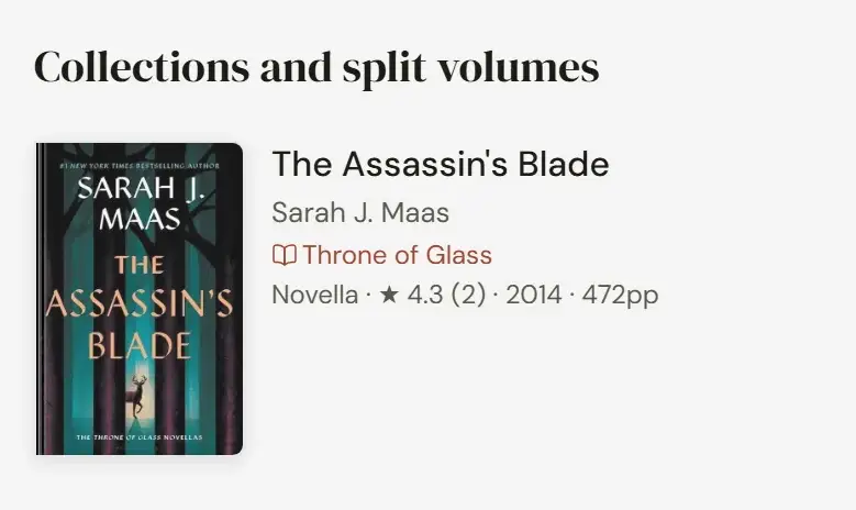 The Assassin's Blade listed under Collections and split volumes on the series page