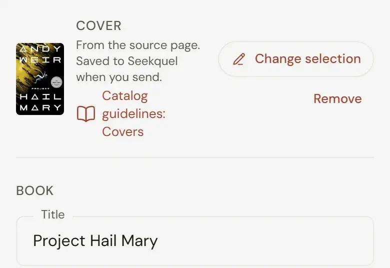 The add a book form with the cover and title of Project Hail Mary already filled in