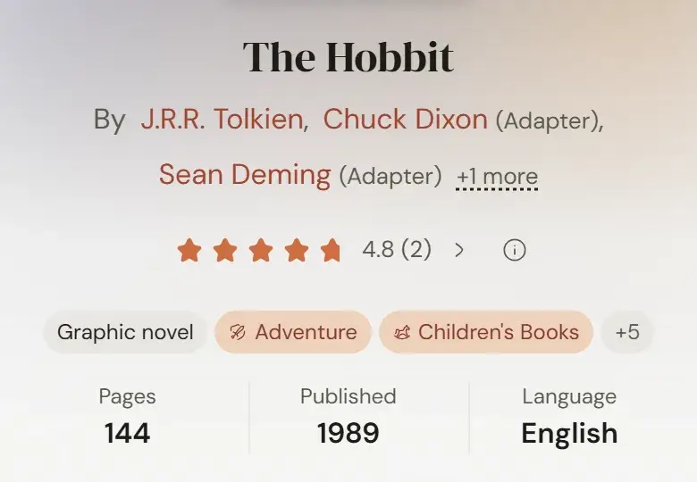 The Hobbit graphic novel's book page, crediting J.R.R. Tolkien first and two adapters after him, and marked Graphic novel