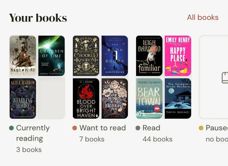 The Your books section of the library, with covers from the Currently reading, Want to read and Read shelves