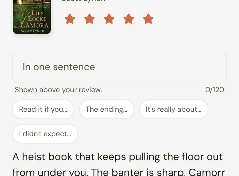 A review of The Lies of Locke Lamora being written: a five-star rating and a few lines of text