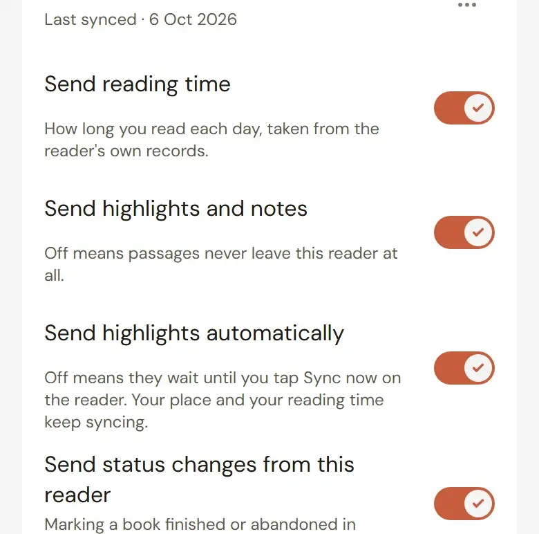 A connected Kobo reader's sync switches for reading time, highlights and status changes
