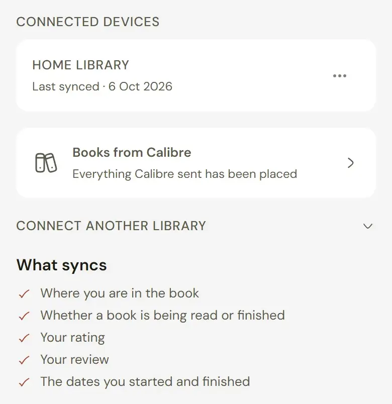 The Calibre page with a connected library and the list of what syncs