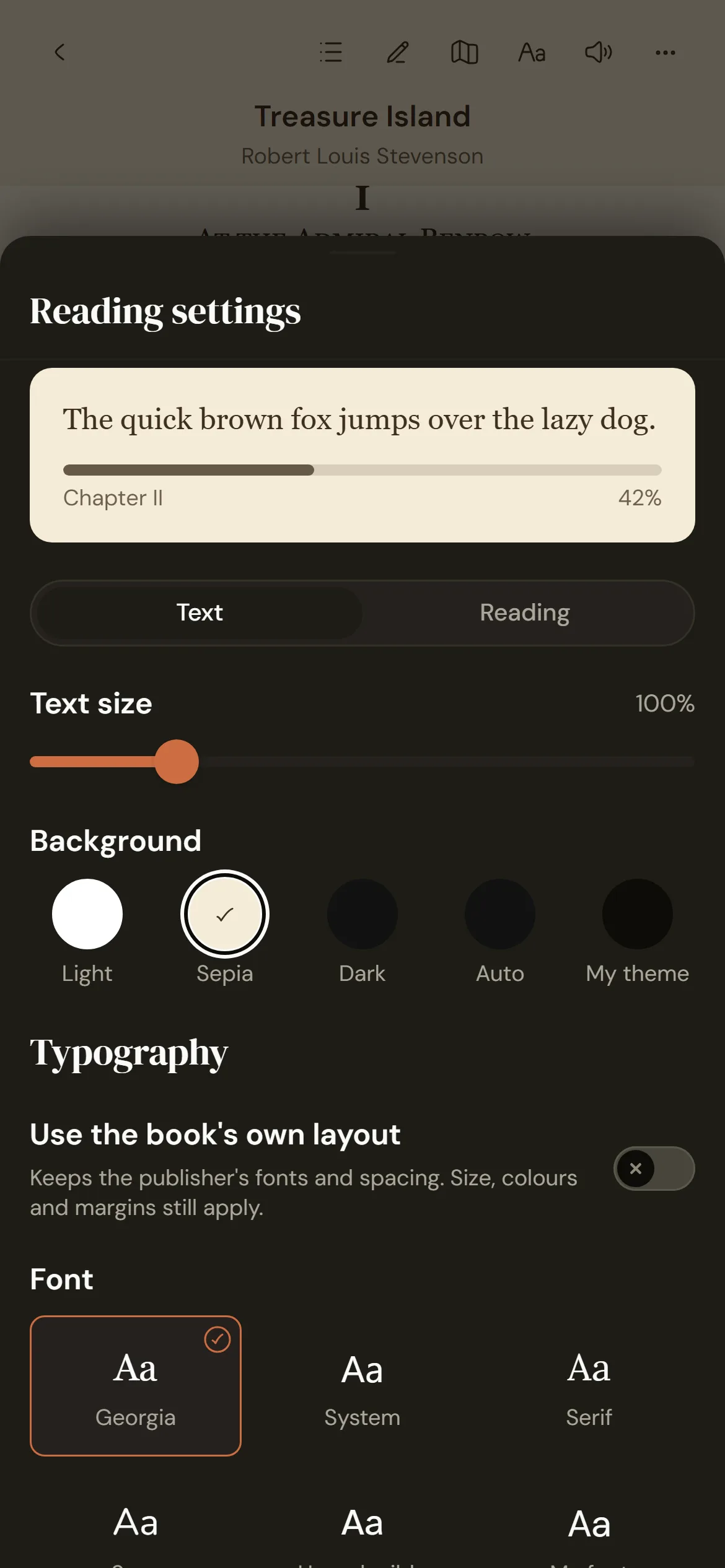 The reading settings sheet, with page themes and fonts