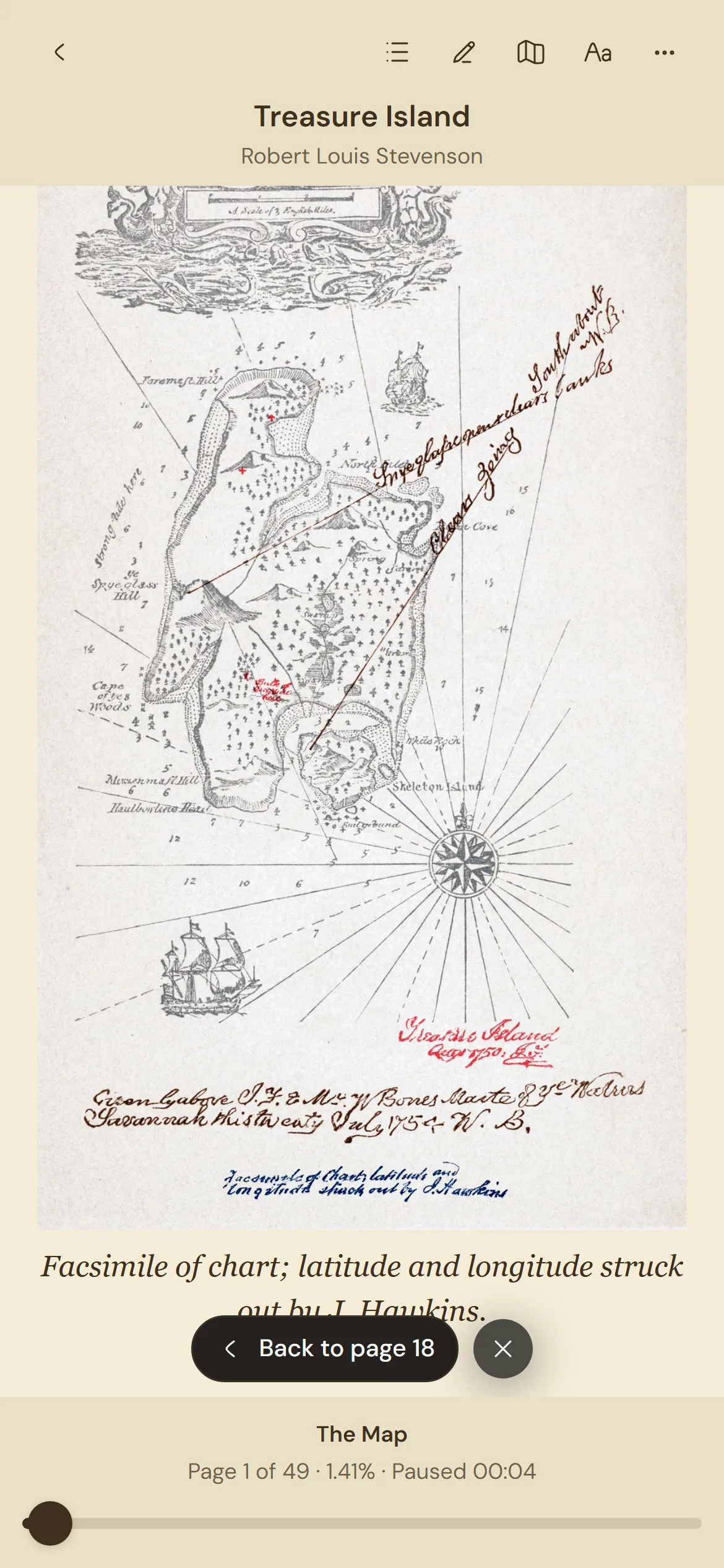 The map page of Treasure Island opened from the contents, with a button back to the reader's page
