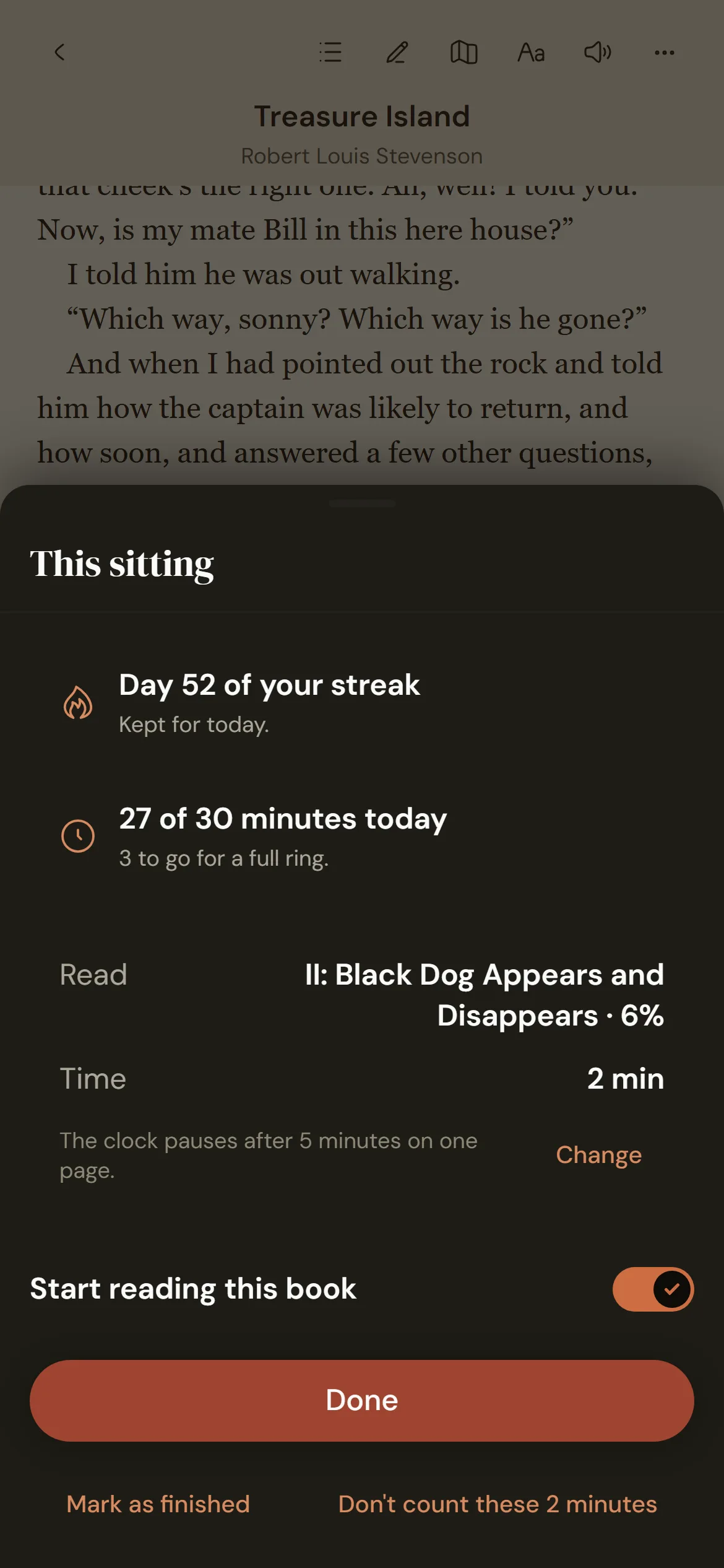 The summary of a reading sitting, with the minutes and pages read